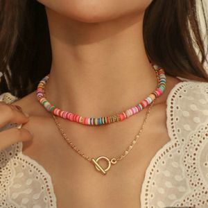 Layered Multi-color Faux Puka Shell Necklace Gold Tone Chain